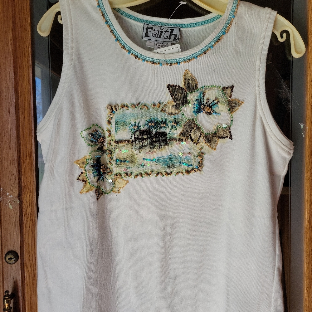 Faith beaded turquoise cream 100% cotton medium tank top